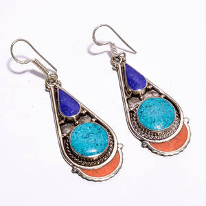 Turquesa, pendientes de piedras preciosas de gota de Coral, pendientes de plata tibetana de moda, joyería en línea de diseño - Product Image 4