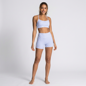 Women's Casual Cropped High Waist Gingham <b>Pattern</b> Polyester Sport <b>Leggings</b> Light Blue Checkered Stretch Breathable Quick Dry - Product Image 2