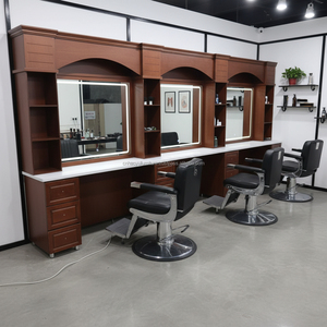 Station de barbier en bois vert au design classique avec miroir LED durable, 4 places, multiples espaces de rangement pour hommes, salon de coiffure - Product Image 6