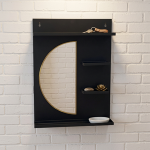 Modern Minimalist Wall Mount Mirror with Shelves Black Metal Frame & Gold Trim Multifunctional Design for Living Room - Product Image 1