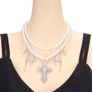Double Layered Faux Pearl <b>Cross</b> Necklace With Tassel Pendant White K Fashionable Clavicle <b>Chain</b> For Women - Product Image 1