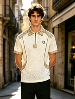 T-shirt Homme Décontracté en Maille Tricotée Respirante, Col Demi-Zip, Motif Floral Vintage, Col en V, Design Uni pour le Golf, 180g
