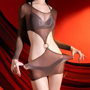 Sexy Mesh Bodycon Dress With Cutouts And Waist Ring For Women Ultra Thin 5D Nylon Solid Color Long Sleeve Lingerie Set - Product Image 2