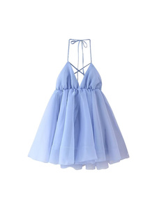 Plage dos nu court gonflé fronde Robe femmes Sexy à lacets sans manches a-ligne robes 2025 été dame vacances bord de mer solide Robe - Product Image 5