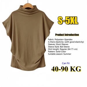 Nueva Camiseta Casual de Verano para Mujer, <span class=keywords><strong>Cuello</strong></span> <span class=keywords><strong>Alto</strong></span>, Manga Corta Tipo Murciélago, <span class=keywords><strong>Blusa</strong></span> Holgada, Talla Grande, Camiseta Elástica Lisa para Dama - Product Image 4