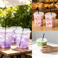 Herbruikbare, recyclebare PET wegwerp beker voor koude dranken, bubble tea, fruitthee, koffie, zwart vierkant plastic bekertje met deksel (16oz)
