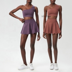 Bra Tank top olahraga Golf wanita, 2 buah pakaian latihan tanpa kelim bahu tenis atletik cepat kering Satu bahu Set rok - Product Image 4
