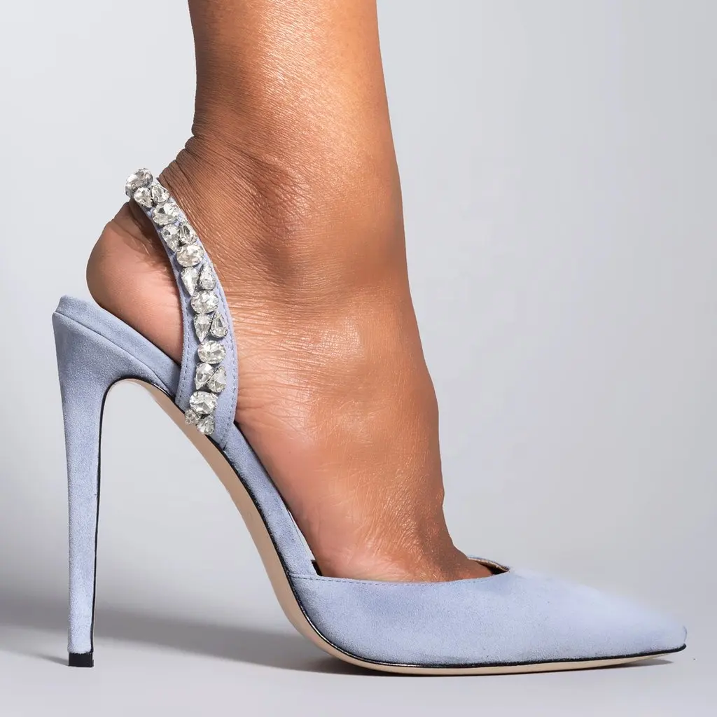 Pointed toe slingback blueish suede upper blue gray diamonds spring summer women high heel shoes lady heel sandas