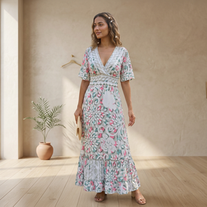 Vestido Casual Transpirable de Verano Coreano con Estampado Floral, Estilo Bohemio Y2K, de Seda Tejida India, Corte A, Talla Única, Cuello en V y Manga Acampanada - Product Image 3