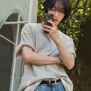 T-shirt en coton à col Henry et manches courtes pour homme, coupe ample décontractée, 180g, style coréen, style Old Money, tendance - 35 <span class=keywords><strong>Y</strong></span> - Product Image 3