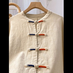 Chinese Style Linen Long Sleeve Shirt Beige Cotton Blend Traditional Zen Inspired Daily Wear Top - Product Image 5