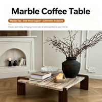 Table basse vintage française en marbre et bois, esthétique Wabi-Sabi, ton crème, meuble multifonctionnel pour salon