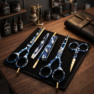 Ciseaux à cheveux camouflage bleu, ciseaux de salon, ciseaux de barbier, lame droite en acier inoxydable avec boîte cadeau - Product Image 6