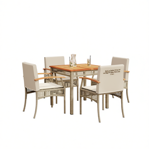 Set da Pranzo da Giardino Medio in Rattan PE Beige, 4 Posti, Arredamento da Esterno Stile Contemporaneo con Piano in Teak - Product Image 1