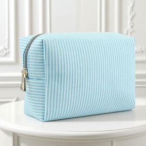 Eco-Friendly Seersucker Striped Makeup Bag Custom Large Capacity <b>Storage</b> Cute Women Cosmetic Organizer Pouch Zipper Travel - Product Image 6