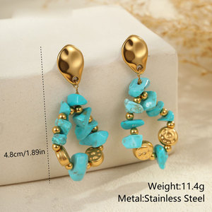 Boucles d'oreilles pendantes en acier inoxydable 316L plaqué or 14k 18k avec pierre turquoise pour femmes - Vente en gros de bijoux de mode - Product Image 5