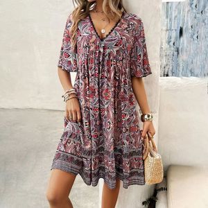 Summer Women's Elegant Temperament Casual Beach Seaside Holiday Printed V-neck Dress Cascading Ruffle <b>Sequined</b> Natural Button - Product Image 1