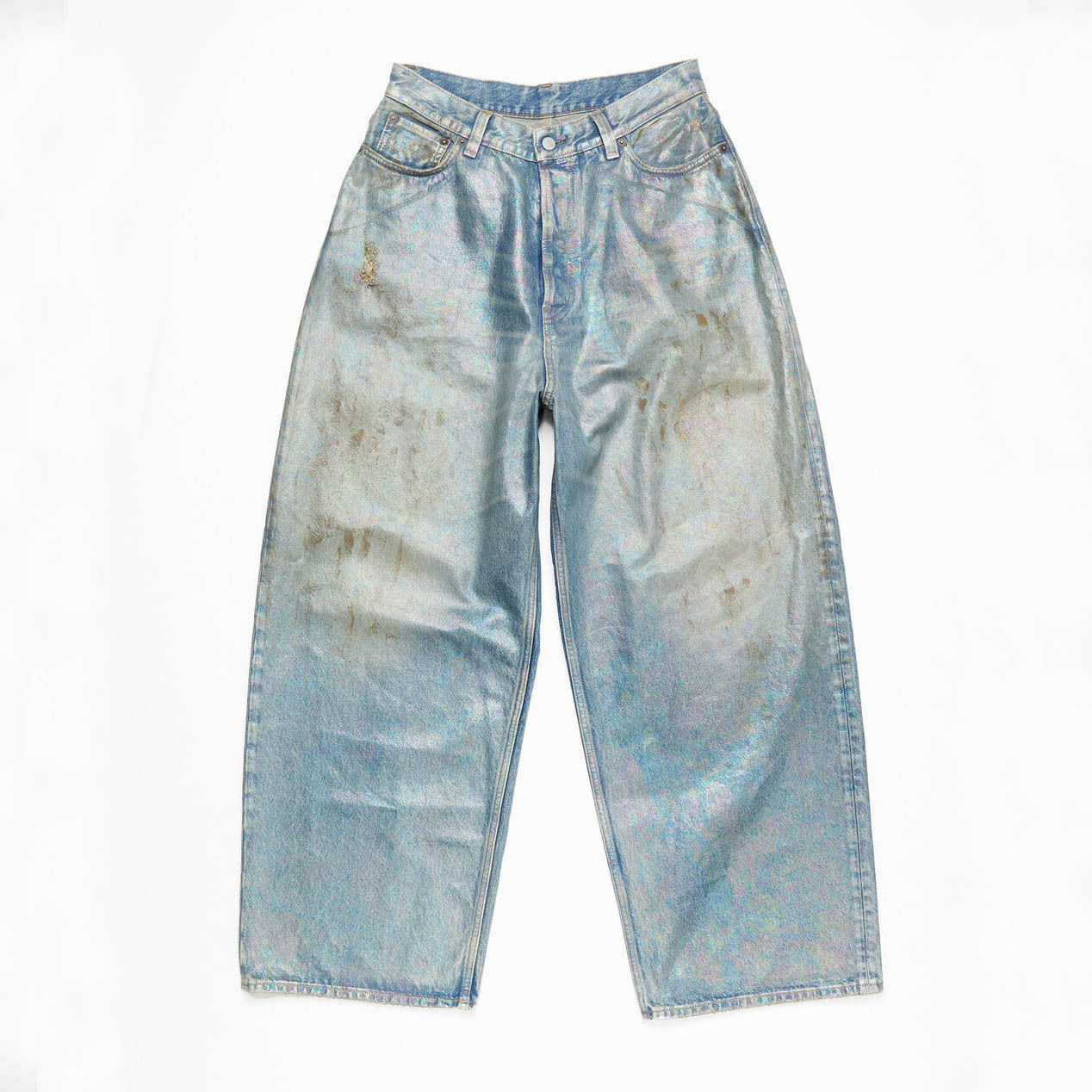 2025 Mid Waist Non Stretched Foil Coated Denim Baggy Jeans Waxed 