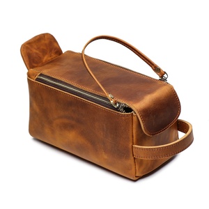 Customized Vintage Crazy Horse Leather <b>Makeup</b> Bag Zipper Closure Travel <b>Case</b> for Women Cosmetic Bag - Product Image 2