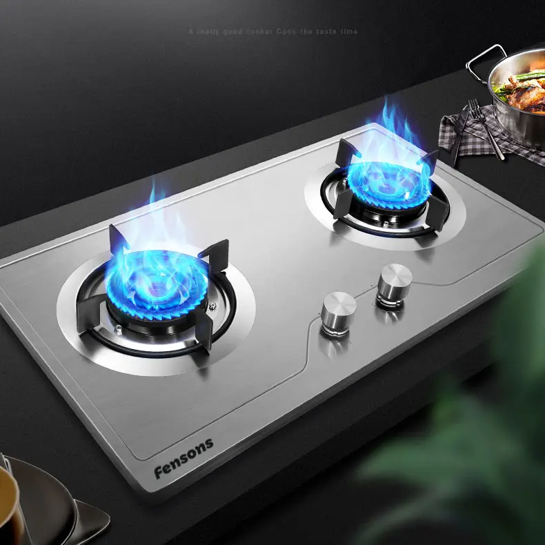 Fensons Vente en gros Appareil de cuisine Cuisinière à gaz double encastrée Cuisinière à gaz en acier inoxydable Cuisinière à gaz à 2 brûleurs