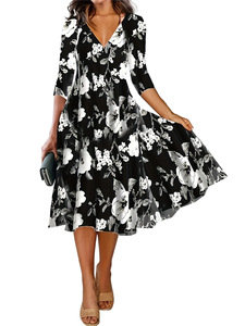 Vestido Largo Elegante de Verano para Mujer, Manga Siete Puntos, Cuello en V, Estilo Casual, Elegante, para Vacaciones, con Estampado Floral en <span class=keywords><strong>Blanco</strong></span> y Negro - Product Image 1
