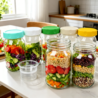 Pot Mason en verre de 32 oz avec couvercle en plastique et compartiment à sauce amovible, séparation humide/sec pour collations, overnight oats, yaourt, parfait, salade