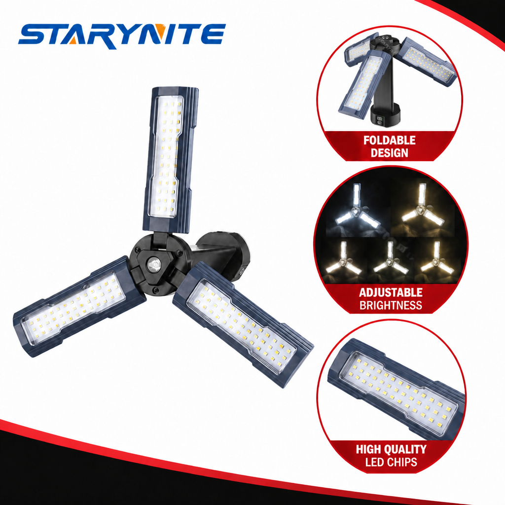 STARYNITE 1500 Lumens Portable LED Work Light Rechargeable Magnetic Clover Working Lamp for Car Repair Workshop Garage Lighting