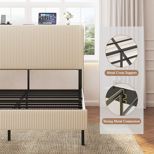 Modern Full <b>Size</b> Adjustable Storage Platform <b>Bed</b> with Wood <b>Frame</b> and Charging Station No Box Spring Needed (Beige) - Product Image 4