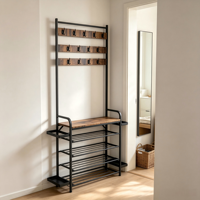 Meuble d'entrée multifonctionnel avec patère, banc à chaussures et étagère de rangement pour chaussures, structure en fer peint par pulvérisation