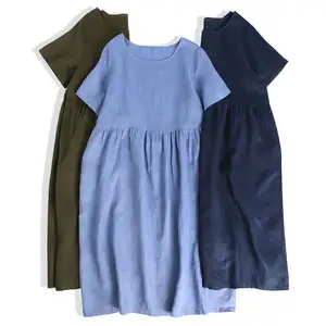 French pure linen dress Japan and Korean style short-sleeved dress loose hem dresses