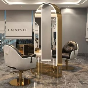 Miroir de salon double face avec cadre en acier inoxydable doré, station de coiffage avec support mural - Product Image 4