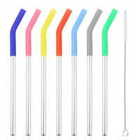 1Pcs Pailles en acier inoxydable réutilisables Pailles droites courbées avec embouts en silicone pour boissons chaudes et froides Outil de bar
