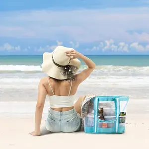 대형 메쉬 비치 백 9 포켓 탑 지퍼 토트 숄더백 해변 휴가를위한 메쉬 토트 백