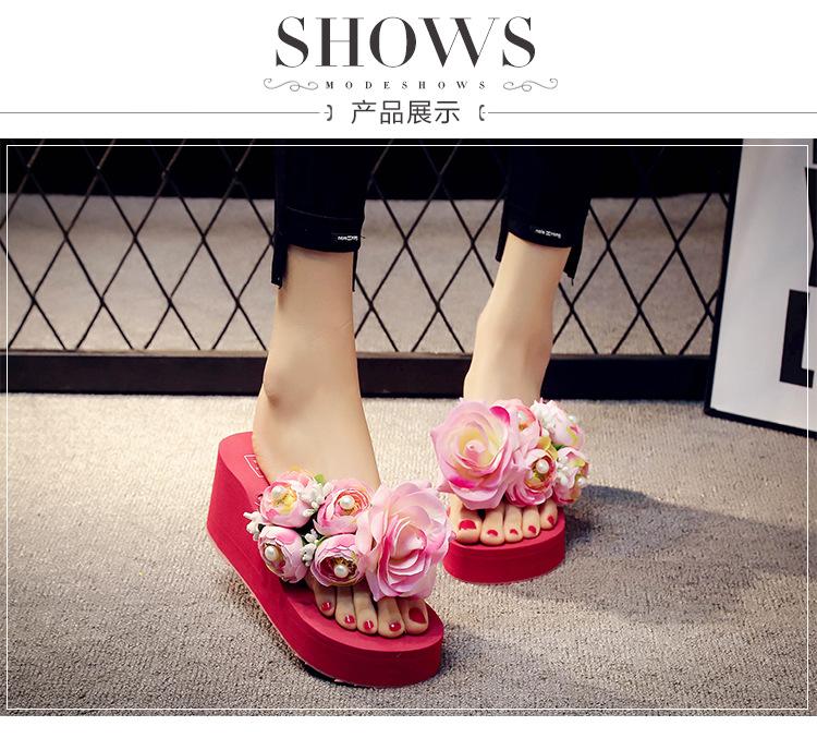Fashion ladies flower rose upper female shoes anti- slip thick platform casual flip flops sandals for women