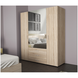 Armario de dos puertas 'PATRICK' con espejo y tres cajones, roble claro, 154 x 50 x 176 cm - Product Image 1