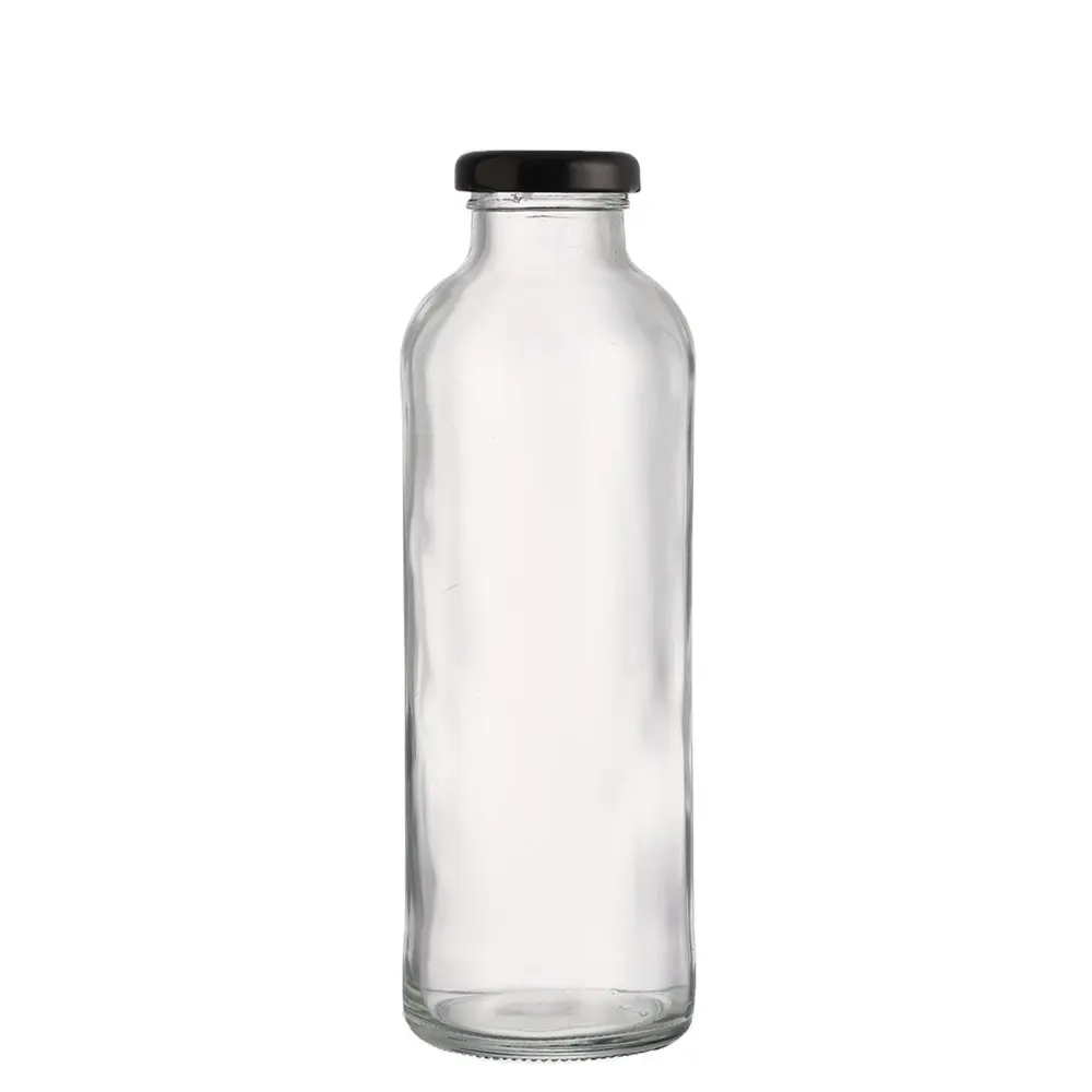 Garrafa de vidro de bebidas do suco, garrafa de vidro da água com tampa de forma personalizada, redonda, transparente, 16 oz, alto parafuso de segurança de vidro branco