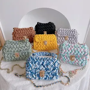 Popular Ladies Hand Bags Hand Crochetbbag For Women T Shirt Yarn Crochet Knitted Bag Handmade Striped Crochet Crochet Bag