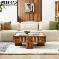 WISEMAX FURNITURE Meubles de style antique, table basse carrée en marbre naturel, table à thé vintage en bois massif pour salon