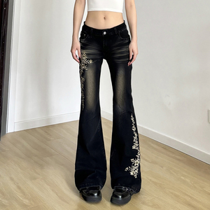 Jeans de mezclilla Y2K vintage transpirables con bordado floral, de tiro bajo, ajustados, acampanados, lavados y desgastados, estilo streetwear para mujer - Product Image 2