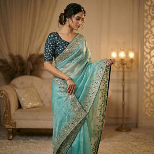 Sari de fête traditionnel élégant en satin Fandy avec un magnifique travail de sequins sur le pallu et une blouse à bordure de designer riche en détails - Product Image 1
