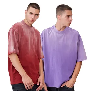 Camiseta de algodão pesado oversized sol desbotado atacado boxy fit camiseta com gola simulada fit caixa