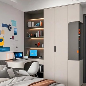 Stylish Modern Minimalist <b>Wood</b> Bedroom Set <b>Wardrobe</b> with Desk and Bookshelf for Apartment and Villa - Product Image 2