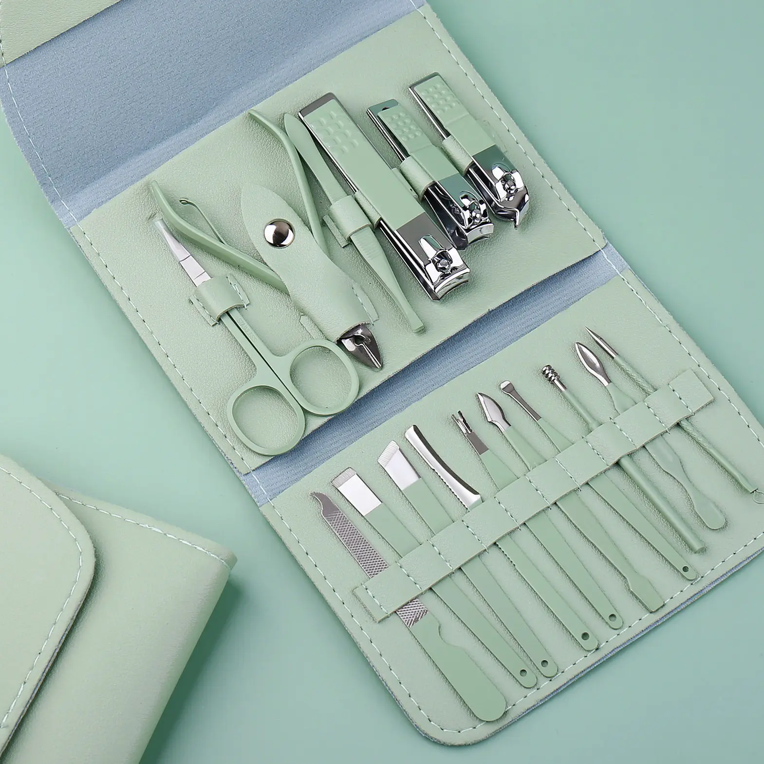 Hoge Kwaliteit Groene Custom Logo Reis Manicure Set 12 In1 Nagelknipper Set