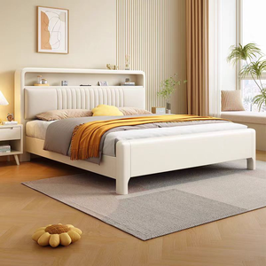 Mid-Century Modern Solid Wood White Wall <b>Bed</b> <b>Platform</b> Bedroom Furniture - Product Image 1