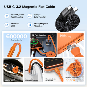 Câbles de données magnétiques plats USB3.2 C 4K UNIEAN 240W 100W Type C Câble de charge rapide plat Câble USB C pour iPhone vers Android - Product Image 2