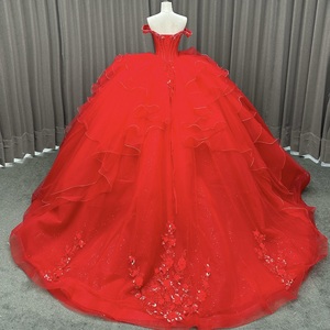 Robe de bal rouge en mousseline de soie pour Quinceañera, avec appliques, décolleté cœur, traîne Watteau, pour fêtes d'anniversaire de 15/16 ans, dentelle et perles - Product Image 6