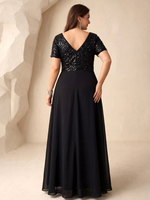 Nouvelle Arrivée Robe de Soirée Élégante en Chiffon à Col en V, Couleur Unie, avec Patchwork de Paillettes et Ourlet Évasé, pour Soirée, Mariage, Printemps, Noire