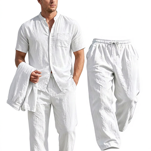 Ensemble de pyjama pour homme en coton blanc tricoté 140g, chemise à manches courtes et pantalon long, respirant, couleur unie, décontracté, pour l'été, coupe ample - Product Image 2