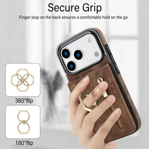 Étui <span class=keywords><strong>de</strong></span> téléphone vintage en cuir avec porte-bague pour iPhone 17 Air 16 15 14 13 12 11 Pro Max, portefeuille RFID bloquant avec fermeture éclair pour cartes, coque mobile - Product Image 5