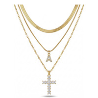 Collier à 3 couches en acier inoxydable plaqué or 18 carats, chaîne serpent, pendentif croix en zircon avec initiale, bijoux étanches, vente en gros